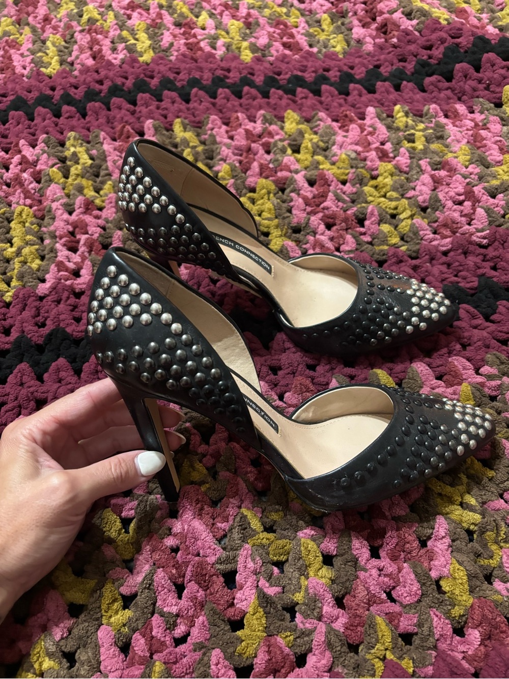 French Connection Ellis Studded Black & silver Pointed-Toe Women’s heels 8.5